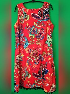 Vibrant Red Roz & Ali Floral Shift Sleeveless Dress Size 14 Stretch